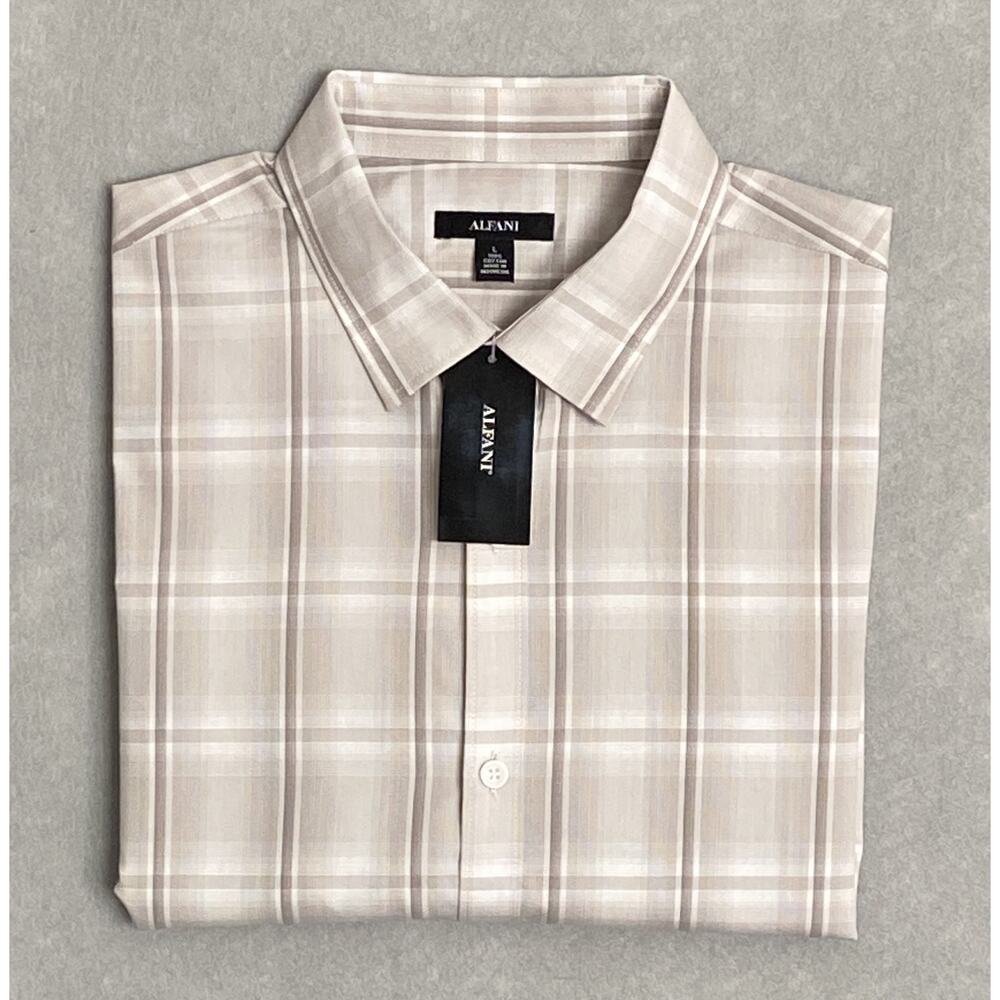 Alfani Men's XL Button-Up Dress Shirt Light Brown Window Pane Cotton NEW